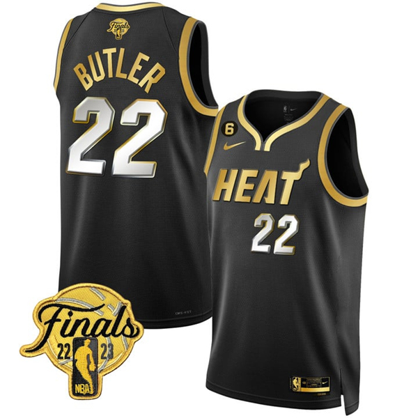 Men's Miami Heat #22 Jimmy Butler Black Gold Edition 2023 Finals Collection With NO.6 Patch Stitched Basketball Jersey
